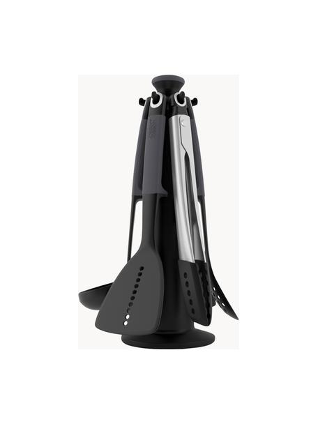 Ustensiles de cuisine avec support Elevate, 7 élém., Trempé nylon, silicone, Gris foncé, couleur argentée, Lot de différentes tailles