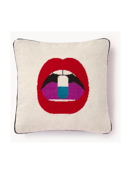 Handgemaakt wollen sierkussen Full Dose met lippenmotief, Gebroken wit, rood, B 45 x L 45 cm