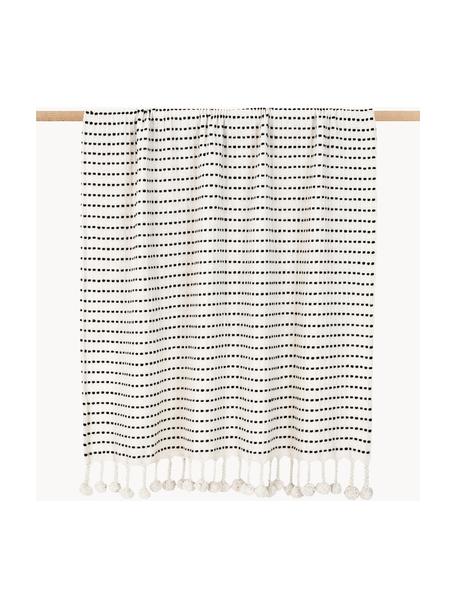 Coperta in cotone dal design a righe con pompon Molly, 100% cotone, Bianco crema, Larg. 130 x Lung. 170 cm