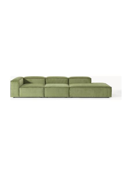 Chaise longue XL componibile in velluto a coste Lennon, Rivestimento: velluto a coste (92% poli, Struttura: legno di pino massiccio, , Piedini: plastica I piedini si tro, Velluto a coste verde oliva, Larg. 357 x Prof. 119 cm, schienale a destra