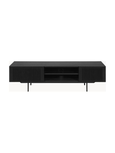 Tv-meubel Mojo met geribde voorzijde, Frame: MDF met eikenhoutfineer, Poten: gepoedercoat metaal, Zwart, B 180 cm x H 50 cm