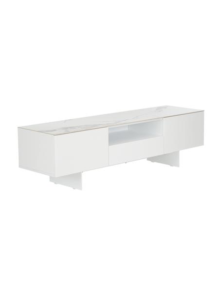 Meuble TV avec plateau aspect marbre Fiona, Blanc, larg. 160 x haut. 46 cm