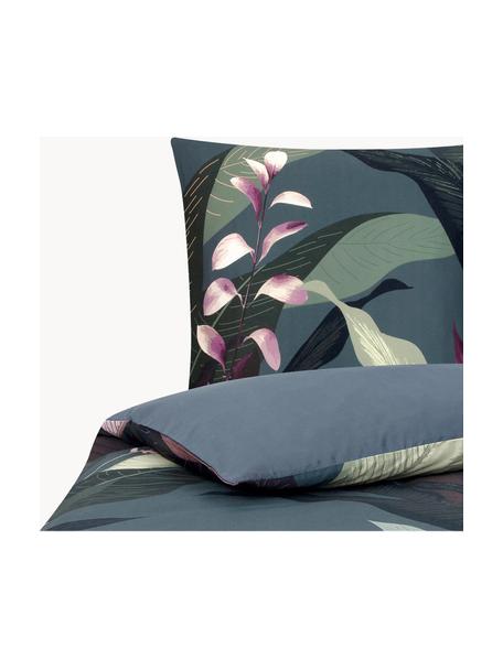 Housse de couette en satin de coton Flora, Gris foncé, motif botanique, larg. 200 x long. 200 cm