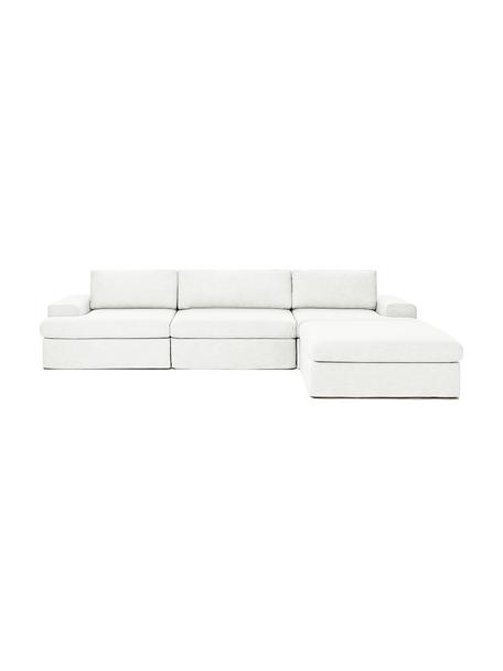 Canapé modulable 4 places avec pouf Russell, Tissu blanc crème, larg. 309 x haut. 77 cm