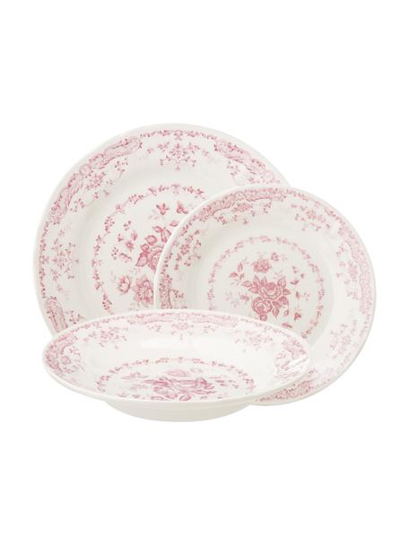 Set 18 piatti in porcellana con motivo floreale per 6 persone Rose, Ceramica, Bianco, rosa, fantasia, Set in varie misure