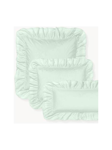 Taie d'oreiller en percale de coton délavé avec volants Louane, Vert sauge, larg. 65 x long. 65 cm