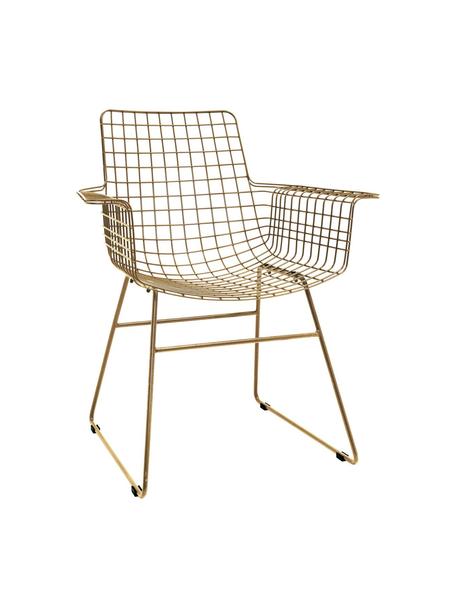 Chaise design métal à accoudoirs Wire, Métal, revêtement par poudre, Couleur laitonnée, larg. 72 x prof. 56 cm