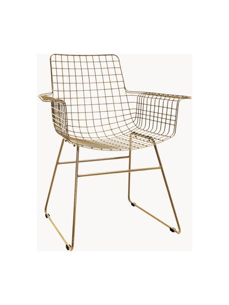 Chaise design en métal à accoudoirs Wire, Métal, revêtement par poudre, Couleur laitonnée, larg. 72 x prof. 56 cm