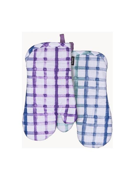 Geruite ovenwanten Trinny, 2 stuks, 100% katoen, Wit, lila , blauw, B 18 x L 33 cm