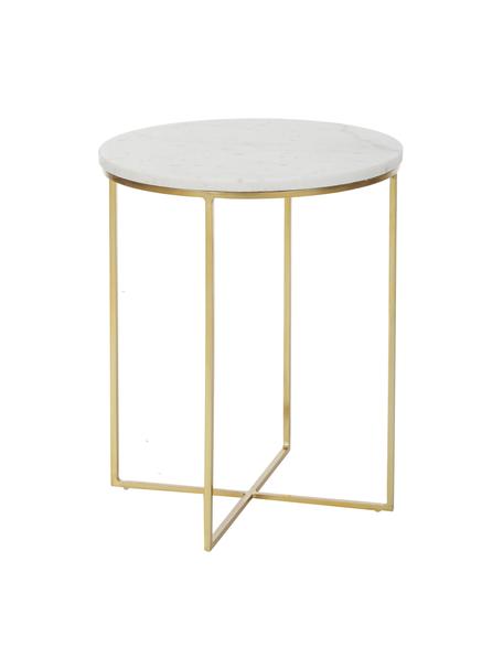 Okrągły stolik pomocniczy z marmuru Alys, Blat: marmur, Stelaż: metal malowany proszkowo, Biały marmur, odcienie złotego, Ø 40 x W 50 cm