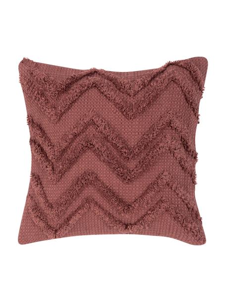 Federa arredo boho con motivo a zigzag trapuntato Akesha, 100% cotone, Rosso ruggine, Larg. 45 x Lung. 45 cm