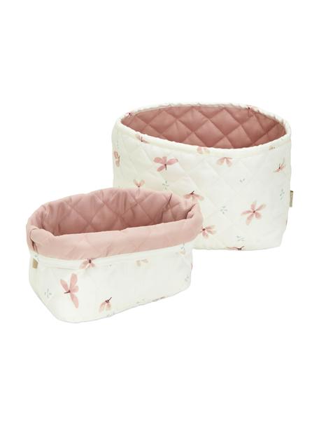 Opbergmandenset Wildflower van biokatoen, 2-delig, Bekleding: 100% biokatoen, OCS-gecer, Crèmekleurig, roze, patroon, Set met verschillende formaten