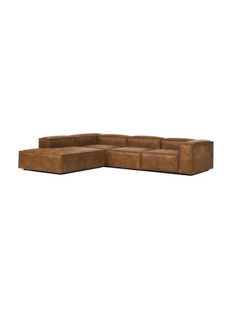Canapé d'angle XL modulable cuir recyclé Lennon, Cuir brun, larg. 329 x prof. 68 cm, méridienne à gauche