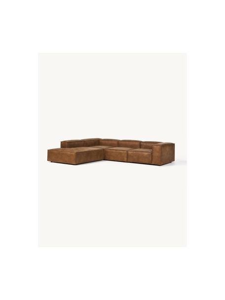 Modulares XL-Ecksofa Lennon aus recyceltem Leder, Bezug: Recyceltes Leder (70 % Le, Gestell: Massives Holz, Sperrholz, Füße: Kunststoff, Leder Braun, B 329 x T 269 cm, Eckteil links