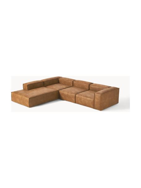 Sofá rinconera modular grande de cuero reciclado Lennon, Tapizado: cuero reciclado (70% cuer, Estructura: madera maciza, madera con, Patas: plástico Este producto es, Cuero marrón, An 329 x F 269 cm, chaise longue izquierda