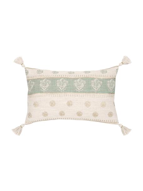 Federa arredo con nappe Jasmine, 100% cotone, Beige, verde salvia, dorato, Larg. 30 x Lung. 50 cm