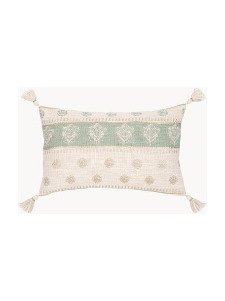 Kissenhülle Jasmine und Quasten, 100% Baumwolle, Cremeweiß, Salbeigrün, B 30 x L 50 cm