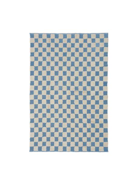 Tappeto tessuto a mano con motivo a rilievo Penton, 100% cotone, Bianco crema, blu, Larg. 170 x Lung. 240 cm (taglia M)