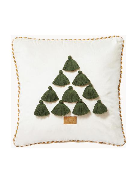 Funda de cojín de terciopelo con borlas navideña Skyler, Funda: terciopelo (100% poliéste, Blanco crema, verde, An 45 x L 45 cm