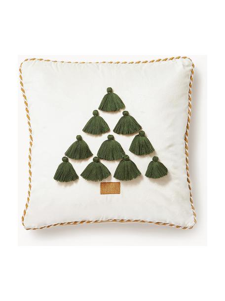 Samt-Kissenhülle Skyler mit weihnachtlichem Motiv und Quasten, Cremeweiß, Grün, B 45 x L 45 cm
