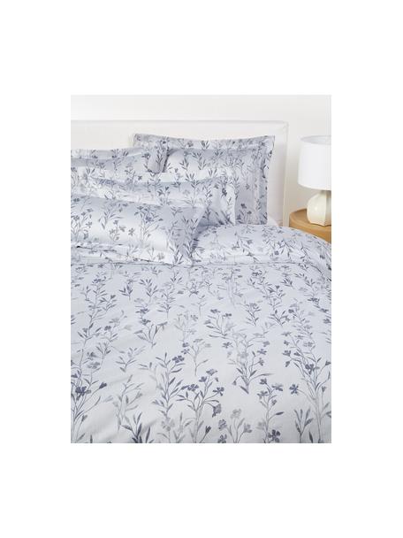 Housse de couette en satin de coton avec imprimé floral et ourlet Hurley, Bleu ciel, bleu, larg. 260 x long. 240 cm