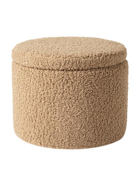 Tabouret en tissu bouclé avec coffre Alida, Tissu peluche brun, Ø 50 x haut. 42 cm