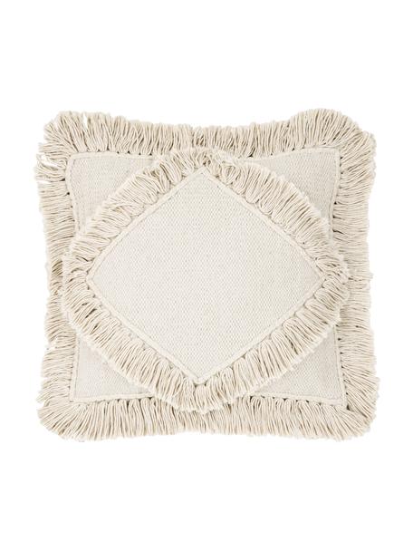 Federa arredo boho con frange Kaheka, 100% cotone, Color crema, Larg. 45 x Lung. 45 cm