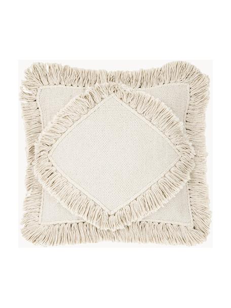 Boho kussenhoes Kaheka in ecru met franjes, 100% katoen, Crèmekleurig, B 45 x L 45 cm