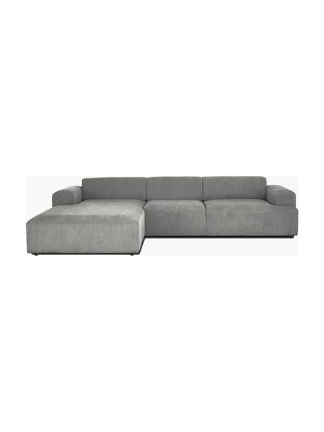 Divano angolare a 4 posti in velluto a coste Melva, Rivestimento: velluto a coste (92% poli, Struttura: legno di pino massiccio c, Piedini: plastica, Velluto a coste grigio, Larg. 319 x Prof. 196 cm, chaise-longue a sinistra