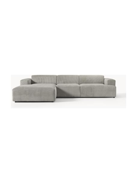 Sofa narożna ze sztruksu Melva (4-osobowa), Tapicerka: sztruks (92% poliester, 8, Stelaż: lite drewno sosnowe, cert, Nogi: tworzywo sztuczne, Szary sztruks, S 319 x G 196 cm, lewostronna