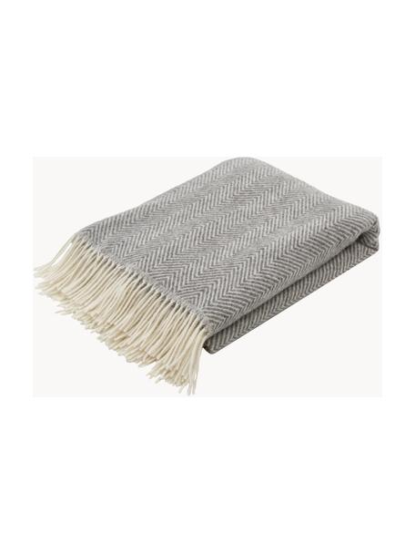 Plaid en laine avec motif à chevrons et franges Tirol, Gris, larg. 140 x long. 200 cm