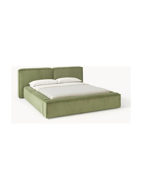 Cama tapizada en pana Lennon, Tapizado: pana (98% poliéster, 2% p, Estructura: madera de pino maciza, ma, Patas: madera, plástico Este pro, Pana verde oliva, An 228 x L 243 cm (colchón 160 x 200 cm)