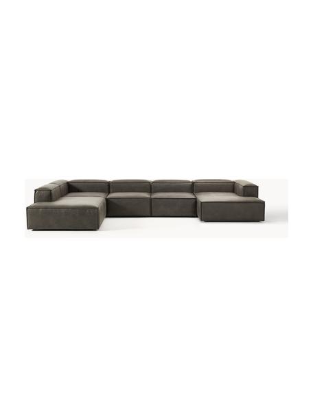 Sofá rinconera modular de cuero reciclado Lennon, Tapizado: cuero reciclado (70% cuer, Estructura: madera maciza, contrachap, Patas: plástico Este producto es, Cuero taupe, An 418 x F 269 cm, chaise longue izquierda