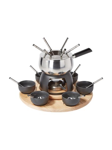 Set fondue en acier inoxydable et porcelaine Maro pour 6 personnes ( 22 élém. ), Noir, couleur argentée, bois clair, Lot de différentes tailles