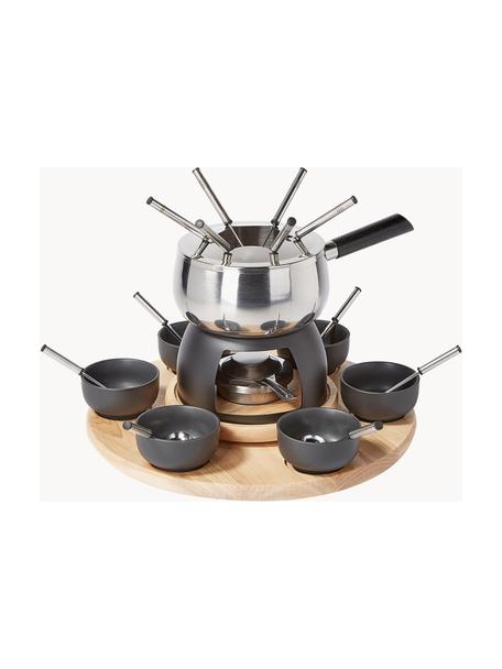 Fondue Maro van roestvrij staal en porselein, 6 personen (set van 22), Zwart, zilverkleurig, helder hout, Set met verschillende formaten