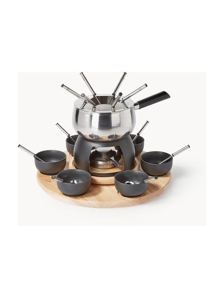 Set fondue en acier inoxydable et porcelaine Maro pour 6 personnes ( 22 élém. ), Noir, argenté, bois clair, Lot de différentes tailles