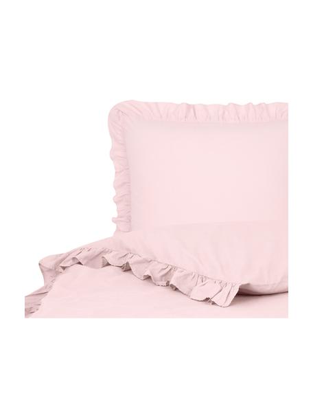 Perkálové povlečení s efektem soft-washed a volánky Florence, Růžová, 135 x 200 cm + 1 polštář 80 x 80 cm