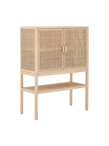 Highboard Sanna aus Kiefernholz/Rattan, Korpus: Kiefernholz, Rattan, Füße: Kiefernholz, Kiefernholz, Hellbraun, B 90 x H 120 cm
