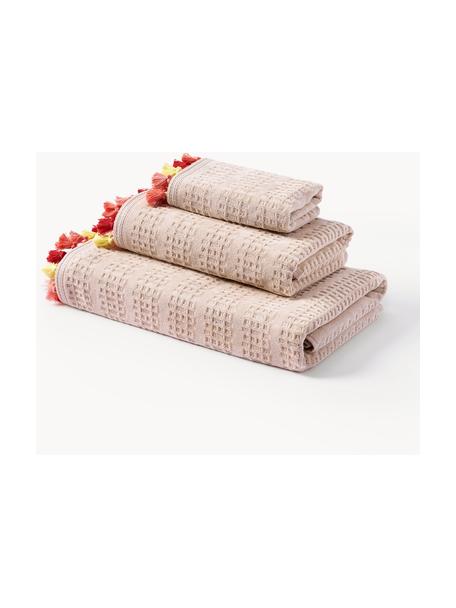 Lot de serviettes de bain en velours avec franges Niam, set de tailles variées, Pêche, tons roses et jaunes, 3 éléments (1 serviette invité, 1 serviette de toilette et 1 drap de bain)