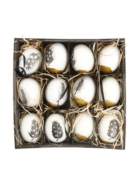 Decoratieve hangersset Disa, 12-delig, Echte eieren, Wit, goudkleurig, grijs, Ø 6 x H 7 cm