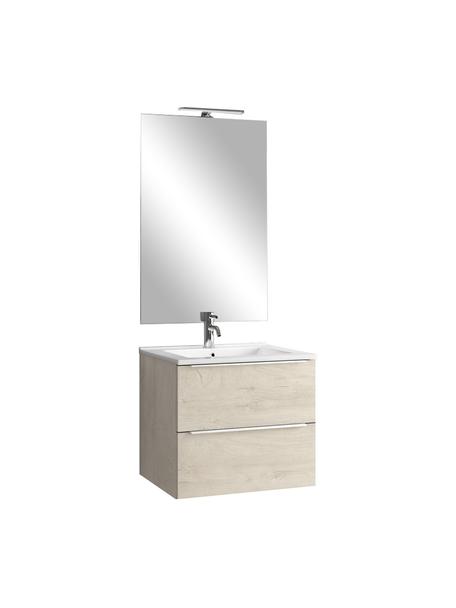 Set lavabo Malmo 4 pz, Manico: alluminio rivestito, Lampada: alluminio rivestito, Superficie dello specchio: lastra di vetro, Effetto legno di quercia, Set in varie misure