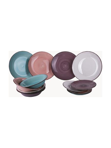 Servizio di piatti dipinti a mano Round, 4 persone (12 pz), Gres, Turchese, rosa antico, melanzana, grigio chiaro, 4 persone (12 pz)