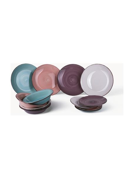 Handbeschilderde serviesset Round, 4 personen (12-delig), Keramiek, Turquoise, oudroze, aubergine, lichtgrijs, 4 personen (12-delig)