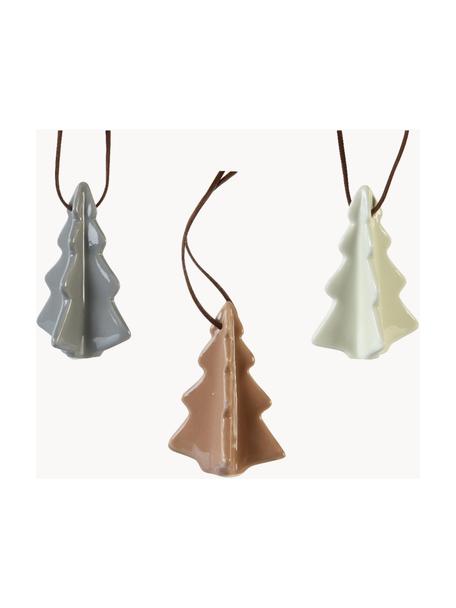 Set 3 addobbi per albero in porcellana a forma di abete Dash, Porcellana, Grigio, marrone, bianco crema, Larg. 4 x Alt. 9 cm