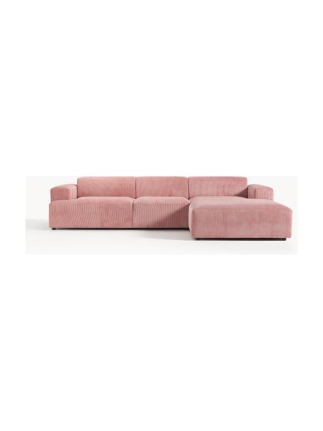 Canapé d'angle 4 places en velours côtelé Melva, Velours côtelé rose, larg. 319 x prof. 195 cm, méridienne à droite