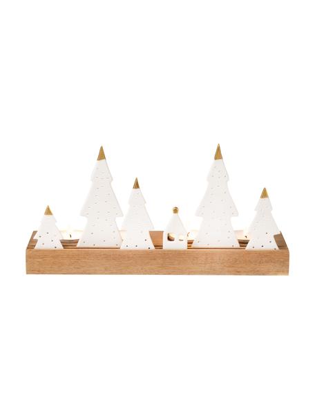 Svícen na čajové svíčky z porcelánu a akátového dřeva Trees, Bílá, světlé dřevo, Š 25 cm, V 13 cm