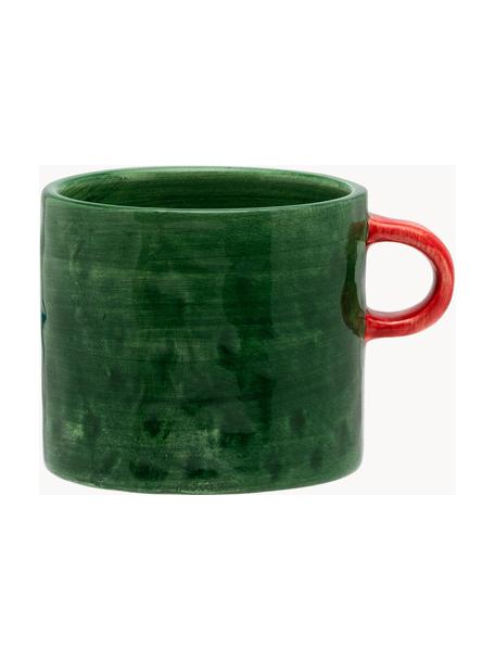 Taza artesanal Enchanted, Cerámica, Verde oscuro, rojo coral, Ø 10 x Al 9 cm, 500 ml