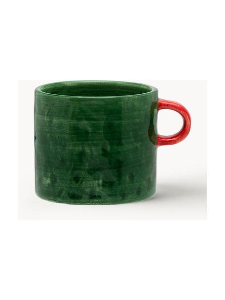 Taza artesanal Enchanted, Cerámica, Verde oscuro, rojo coral, Ø 10 x Al 9 cm, 500 ml