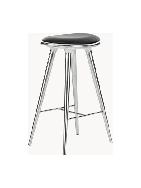 Barhocker High Stool aus Aluminium und Leder, Beine: Aluminium, beschichtet, Sitzfläche: Leder, Silberfarben, Leder Schwarz, B 45 x H 74 cm