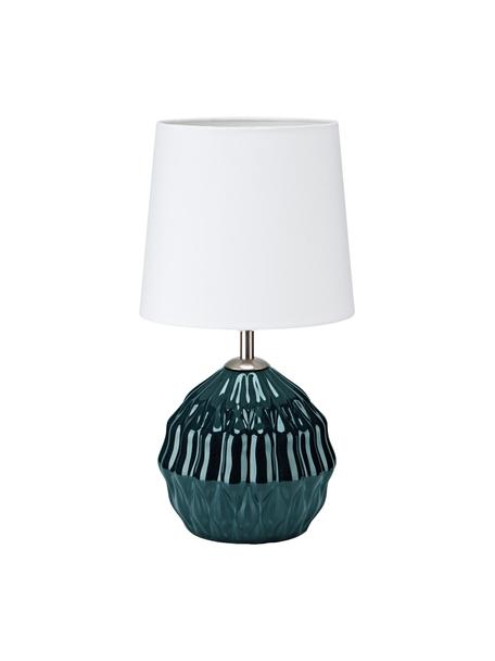 Lampada da tavolo piccola con paralume in tessuto Lora, Paralume: tessuto, Base della lampada: ceramica rivestita, Decorazione: metallo, Bianco, verde scuro, Ø 19 x Alt. 35 cm